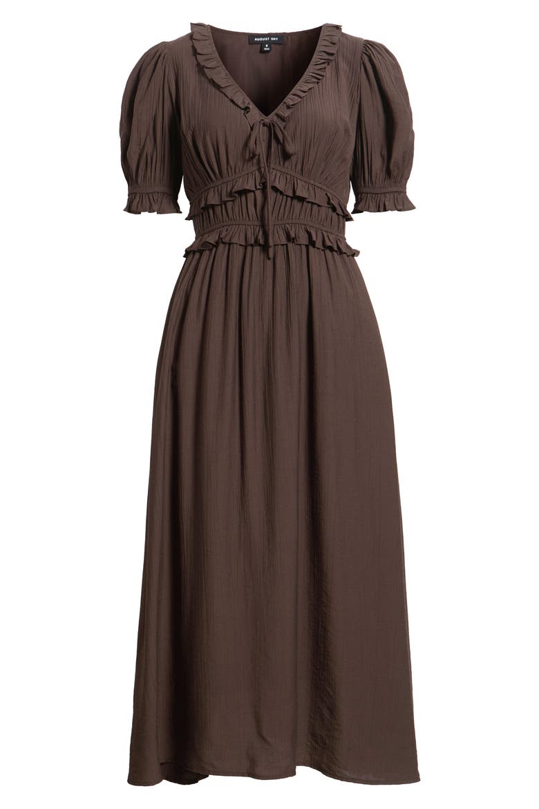 Ruffle Trim Short Sleeve Midi Dress, Main, color, BROWN