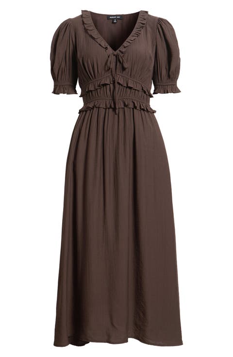 Ruffle Trim Short Sleeve Midi Dress