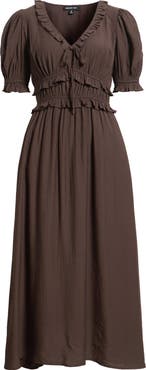 AUGUST SKY Ruffle Trim Short Sleeve Midi Dress