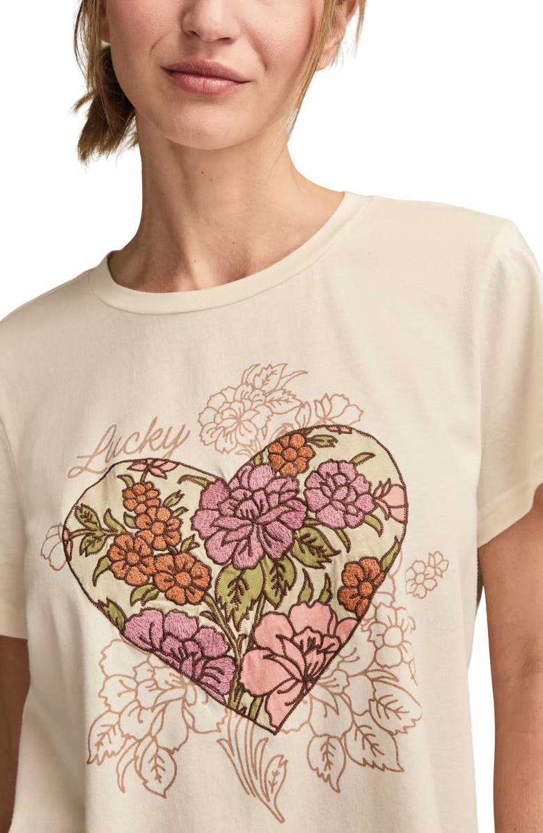 Lucky Brand Classic Embroidered Floral Heart Cotton T-Shirt, Alternate, color, Butter Cream