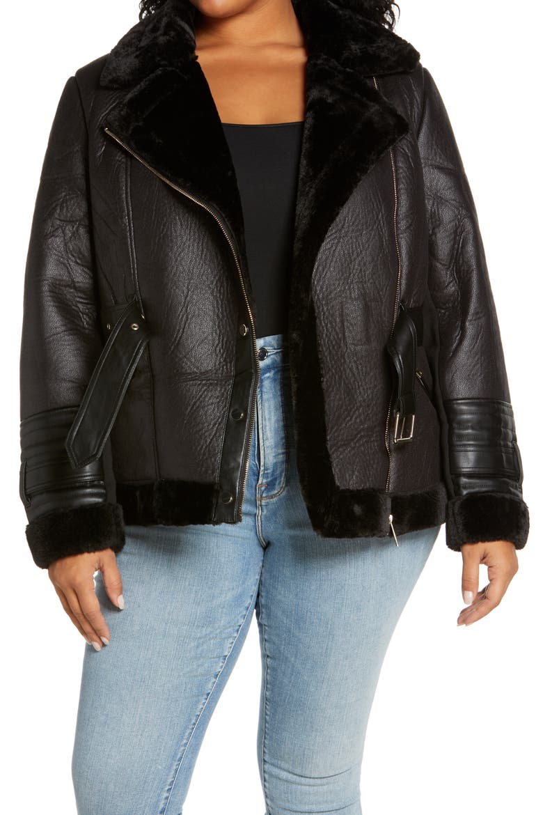 Belted Faux Leather & Faux Fur Aviator Jacket, Main, color, BLACK