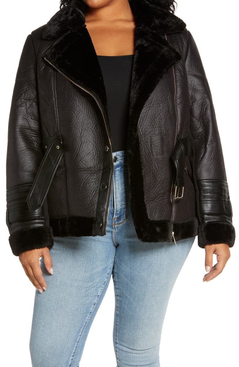 River Island Belted Faux Leather & Faux Fur Aviator Jacket, Main, color,