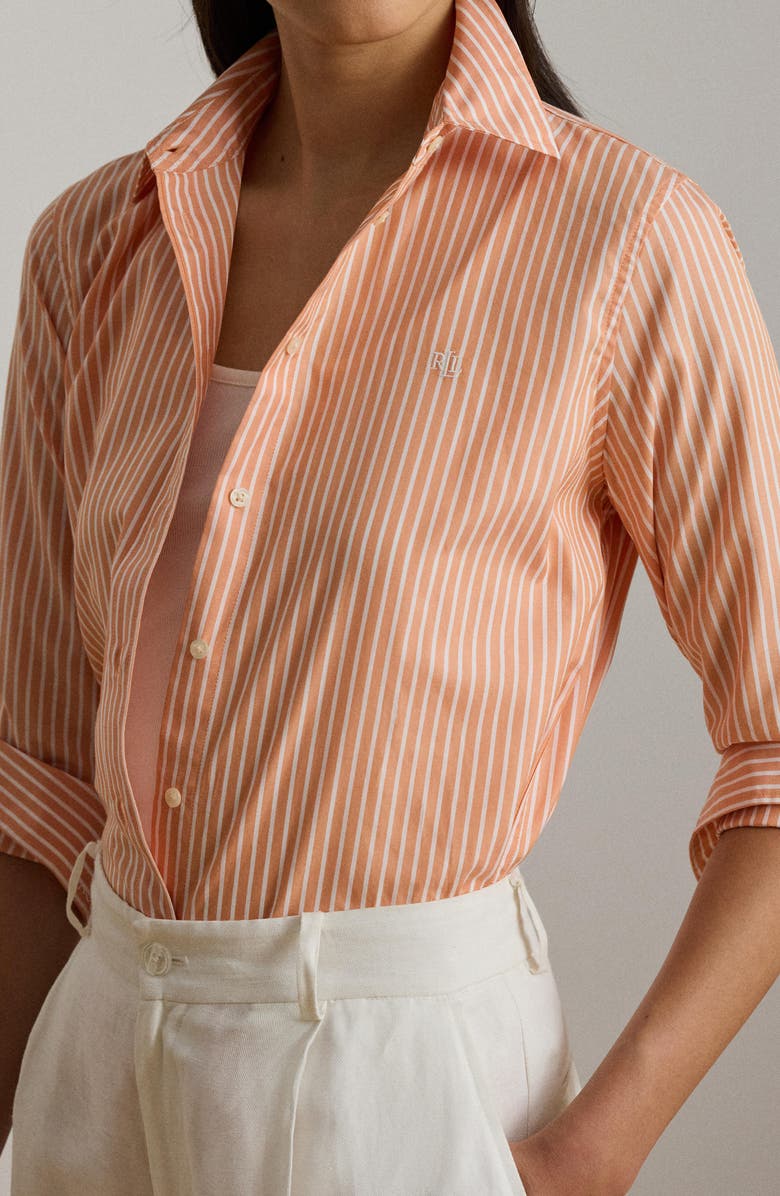 Lauren Ralph Lauren Stripe Cotton Broadcloth Button-Up Shirt, Alternate, color, Orange/ White