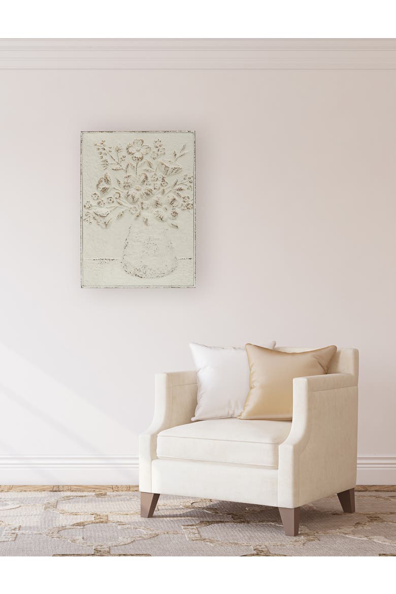 Embossed Metal Wall Art with Flowers in Vase, Distressed White and Gold, Alternate, color, Gold