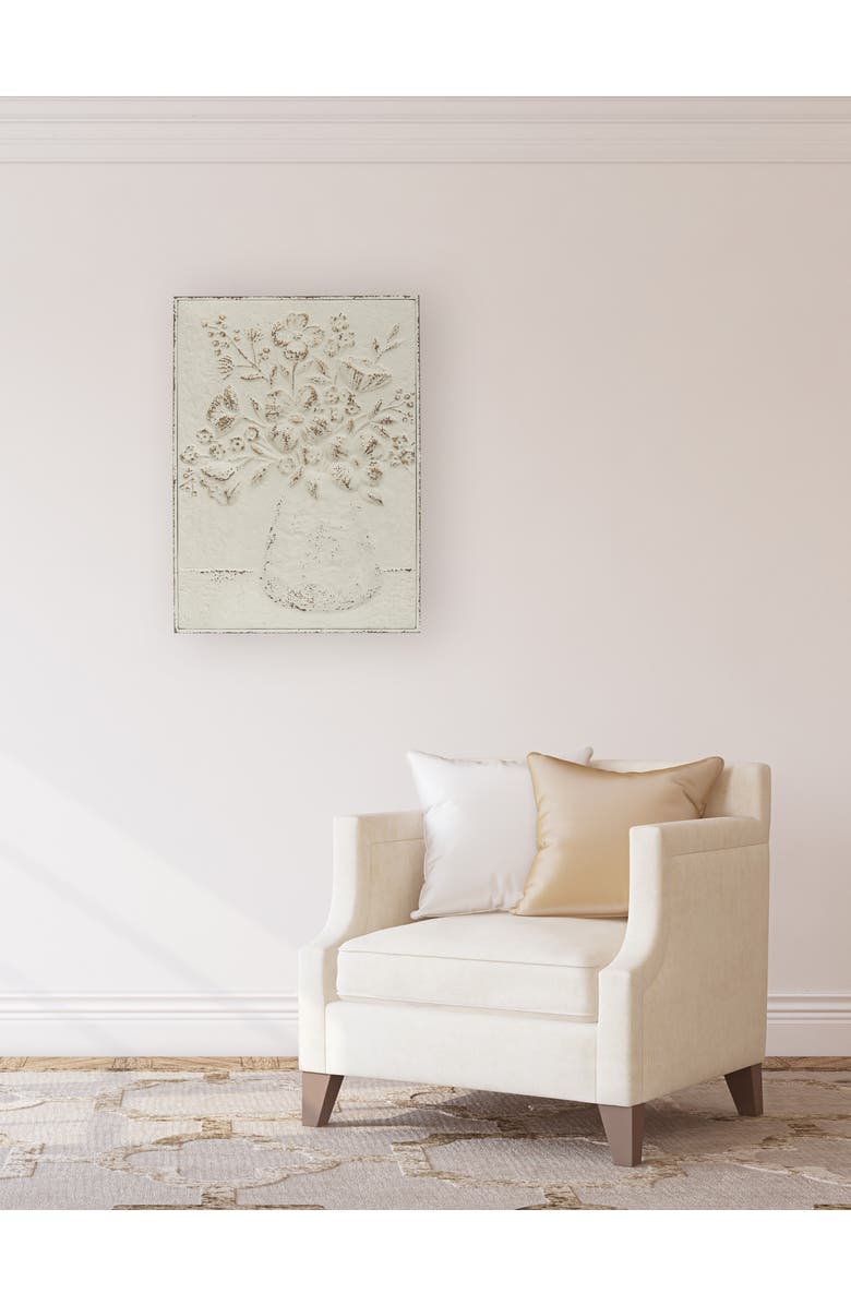 Storied Home Embossed Metal Wall Art with Flowers in Vase, Distressed White and Gold, Alternate, color, Gold