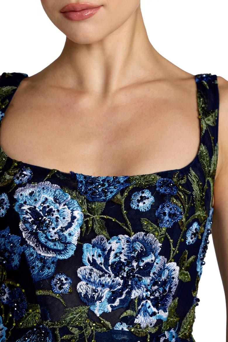 Square Neck Embroidered A-Line Midi Dress, Alternate, color, Blue Multi