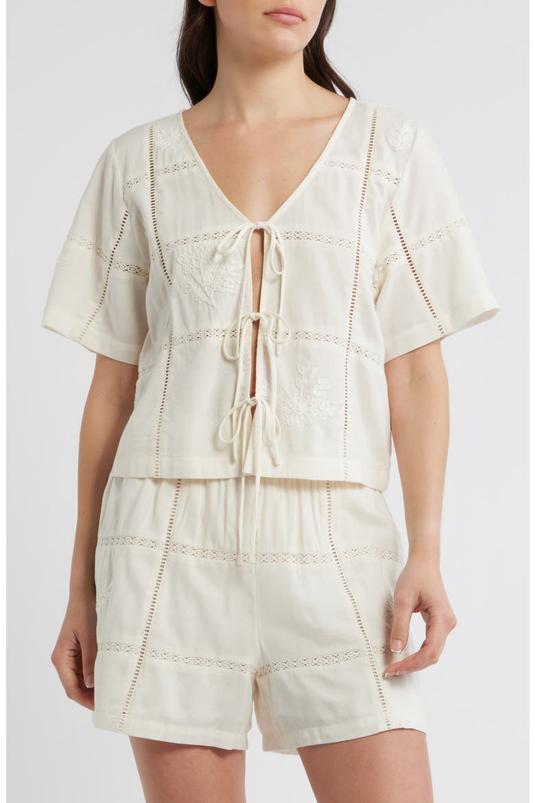 Marella Embroidered Detail Tie Front Top, Main, color, ANTIQUE WHITE