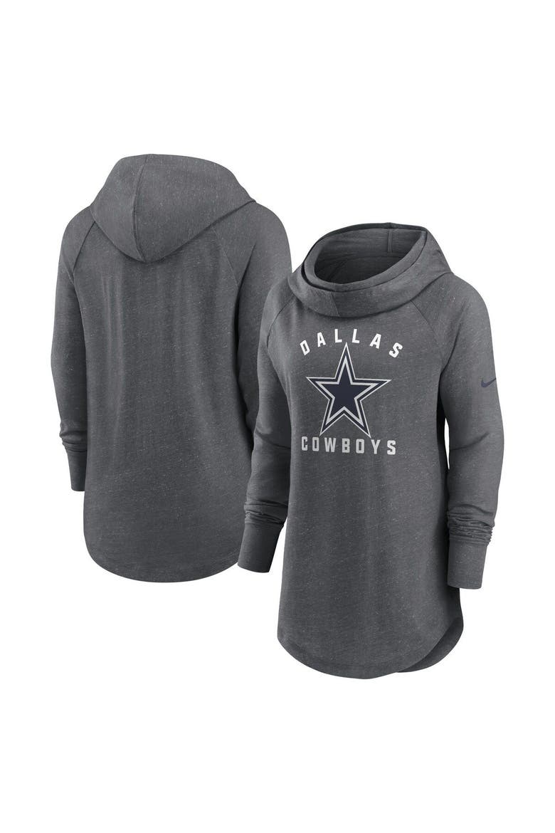 Women's Nike Heather Charcoal Dallas Cowboys Raglan Funnel Neck Pullover Hoodie, Main, color, Heather Charcoal
