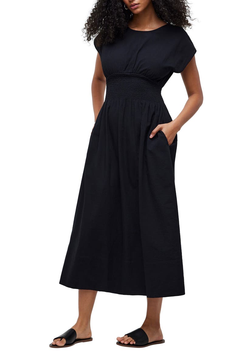 Stripe Smocked Waist Seersucker Midi Dress, Main, color, TRUE BLACK