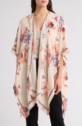 Vince Camuto Brushed Floral Print Ruana In Taupe Multi