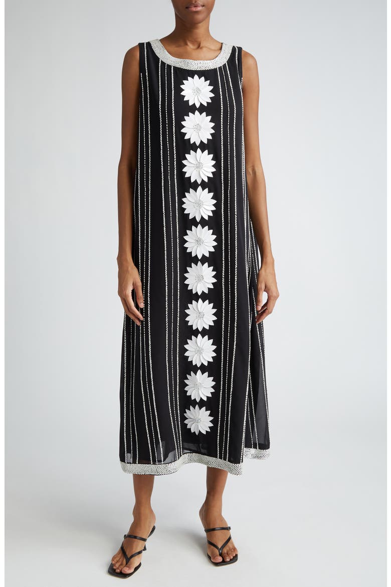 Daisy Bead Stripe Embellished Midi Dress, Alternate, color, BLACK WHITE