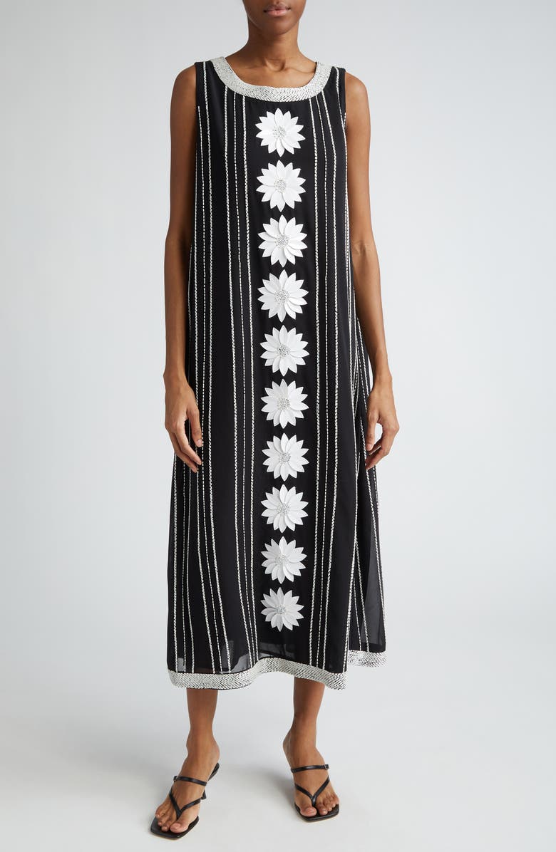 La Vie Style House Daisy Bead Stripe Embellished Midi Dress, Alternate, color, Black White