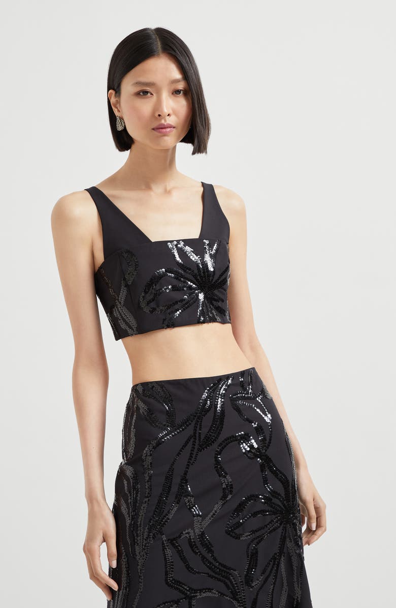 Brunello Cucinelli Top with dazzling floral embroidery, Alternate, color, Black