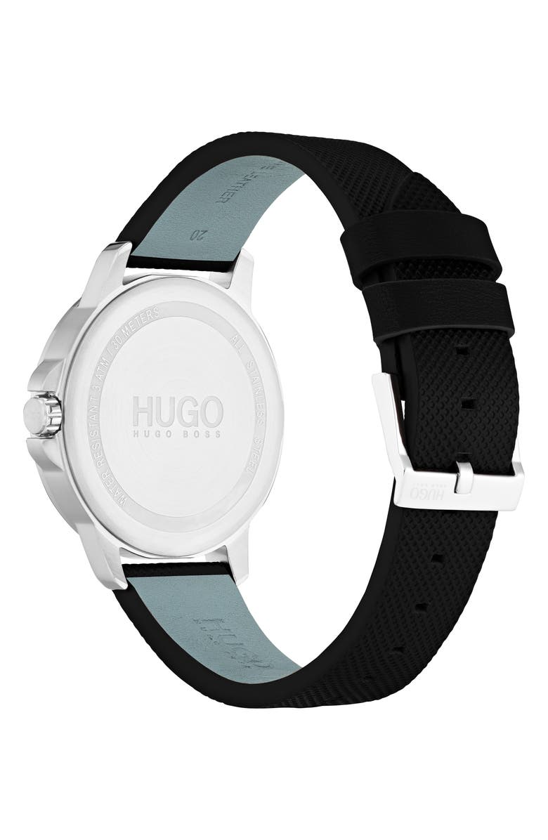 HUGO Leather Strap Watch, 42mm, Alternate, color, Black Dial