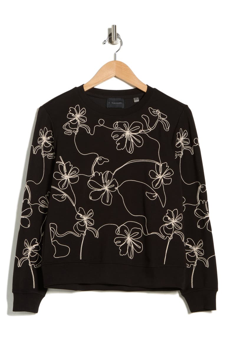 Embroidered Scuba Sweatshirt, Alternate, color, BLACK/ ECRU EMBROIDERY