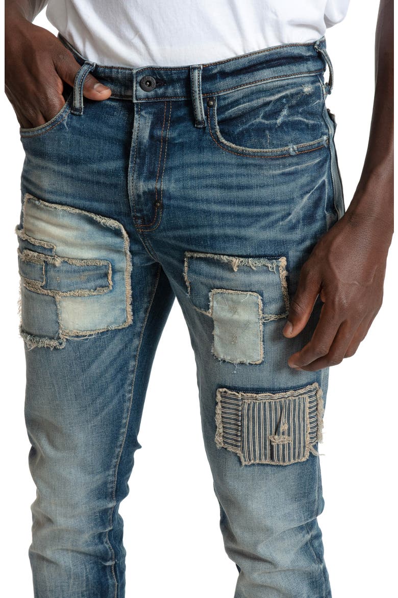 Sacred Patchwork Distressed Stretch Tapered Skinny Jeans, Alternate, color, INDIGO