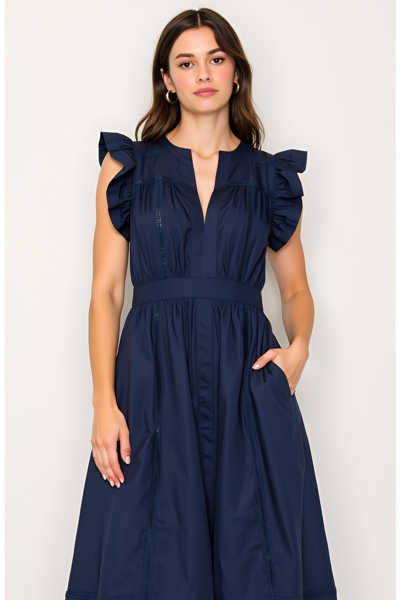 Flutter Sleeve Midi Dress with Deep V-Neckline and Tiered Skirt, Alternate, color, Navy Blue