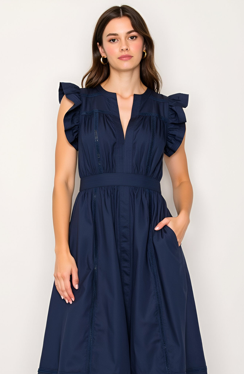 Modenaire Flutter Sleeve Midi Dress With Deep V-neckline And Tiered Skirt In Blue