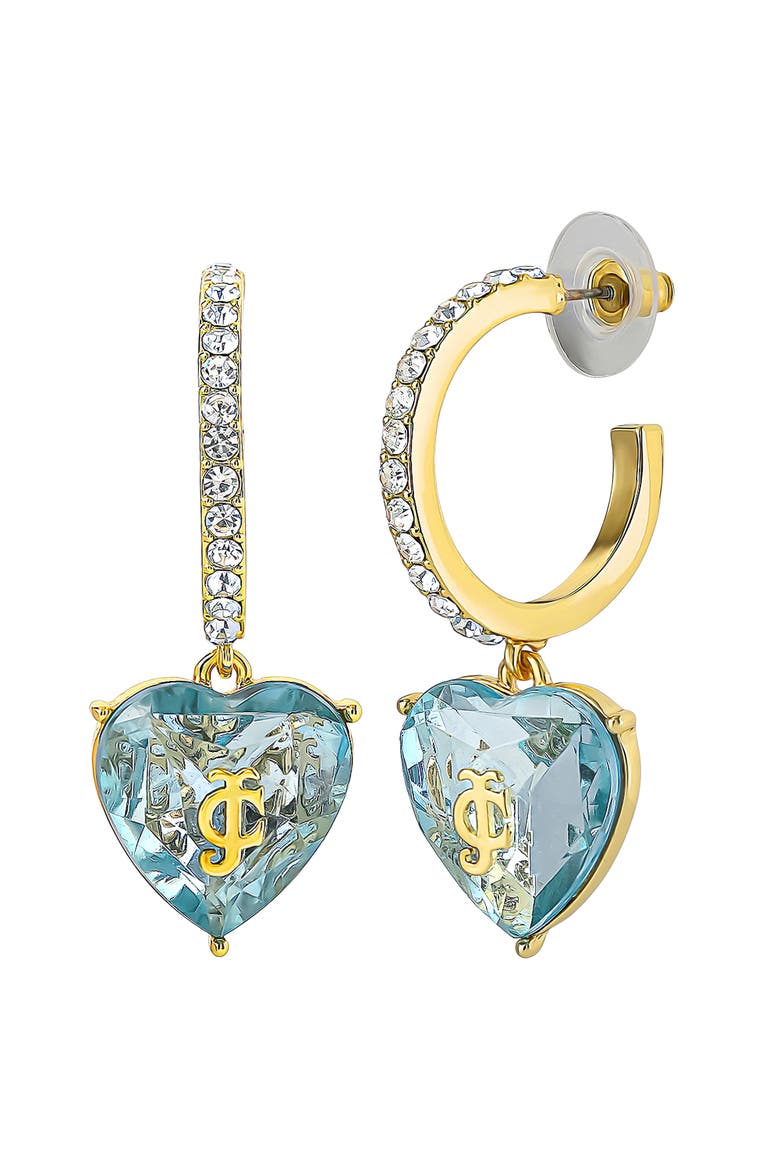 Blue Heart Charm Hoop Earrings for Women, Blue & Clear Stones, Main, color, Gold-Tone