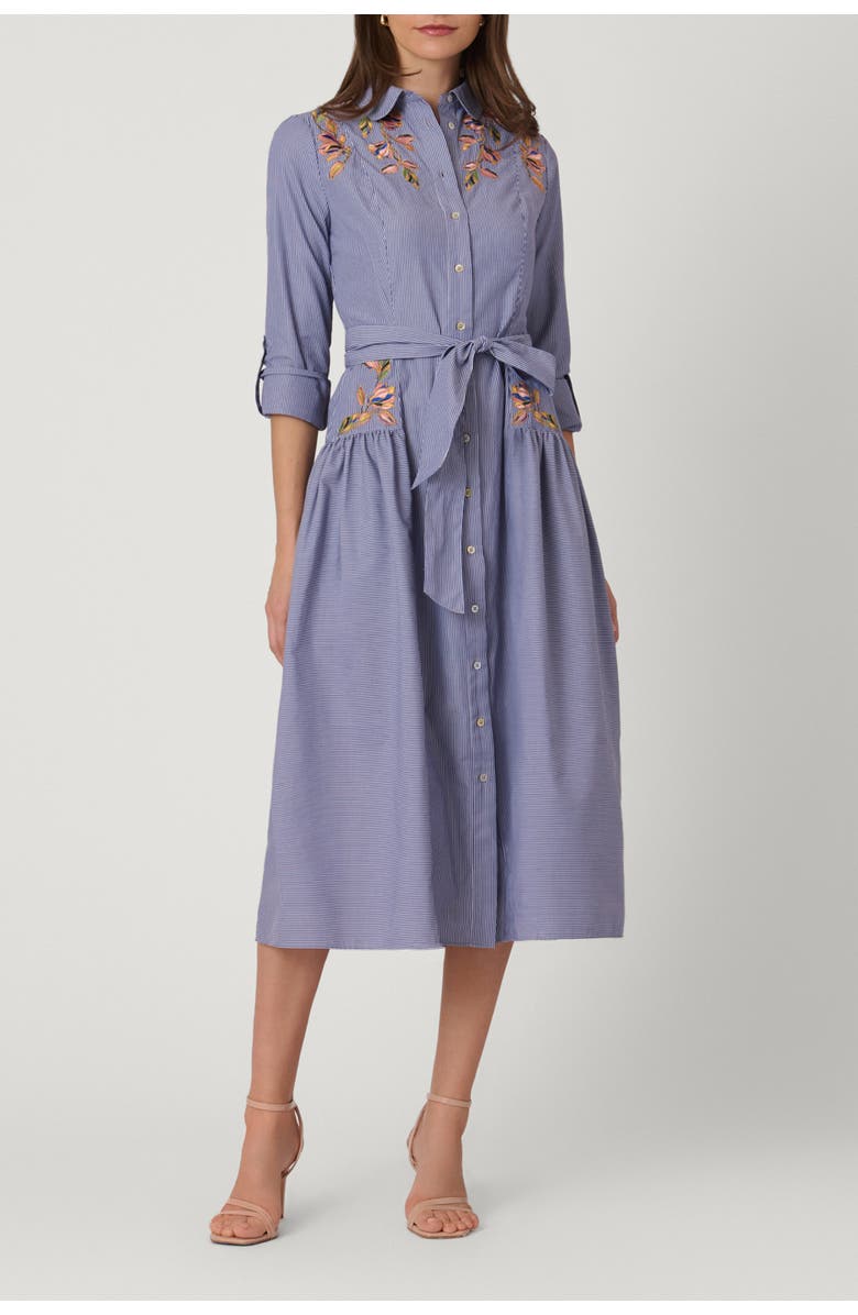 Shoshanna Embroidered Pinstripe Caldwell Dress, Main, color, Lapis Multi