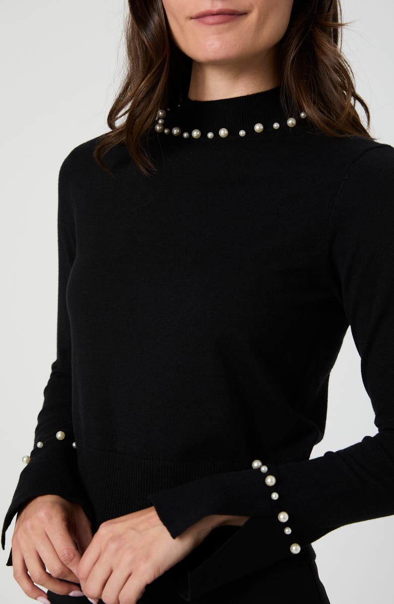 French Connection Faux Pearl Trim Turtleneck Sweater, Alternate, color, Black
