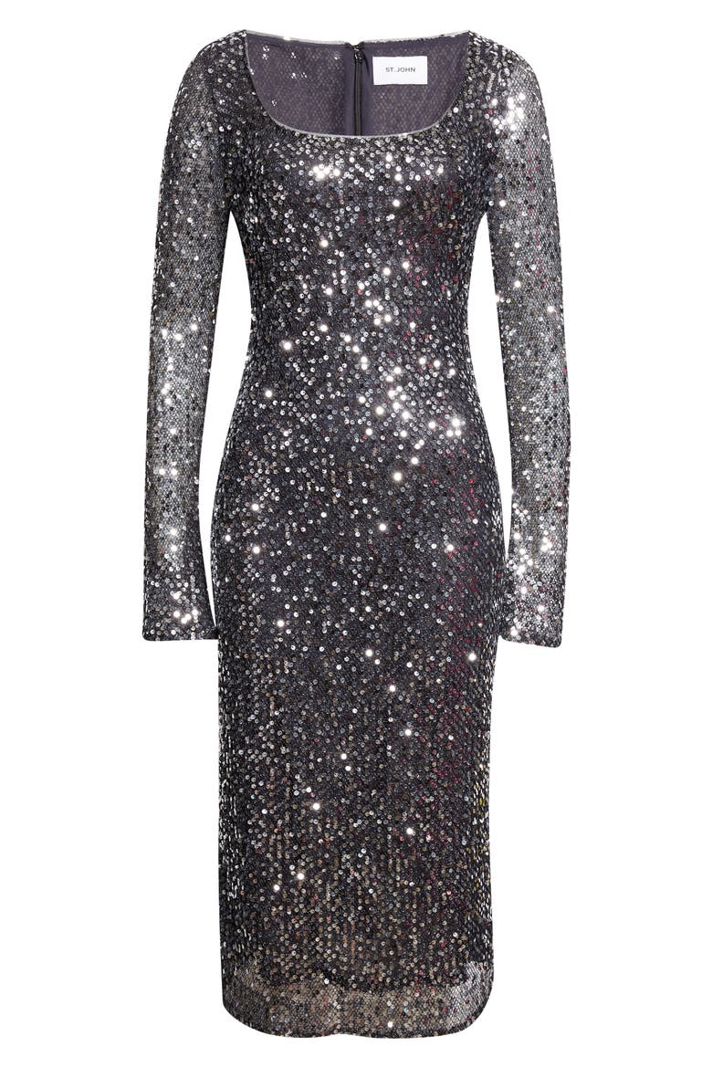 Sequin Long Sleeve Scoop Neck Sheath Dress, Alternate, color, BLACK SILVER