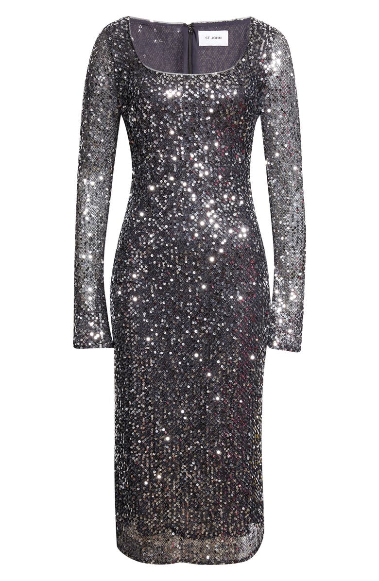 ST. JOHN Sequin Long Sleeve Scoop Neck Sheath Dress, Alternate, color, Black Silver