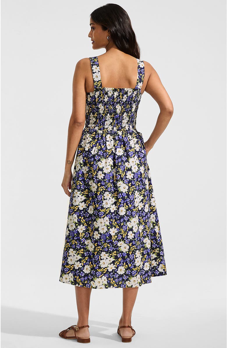 Lands' End Poplin Smocked Bodice Midi Dress, Alternate, color, Deep Sea Spring Floral