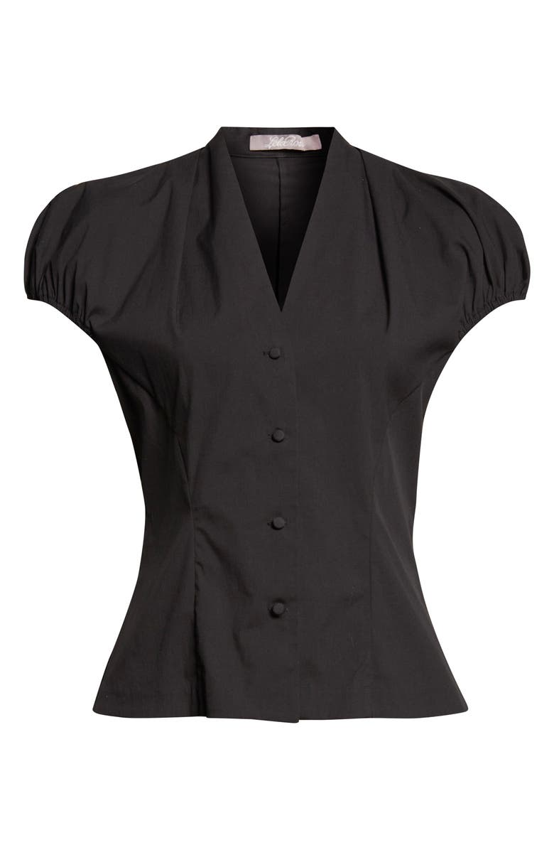 Lela Rose Cotton Poplin V-Neck Button-Up Shirt, Alternate, color, Black