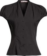 Lela Rose Cotton Poplin V-Neck Button-Up Shirt