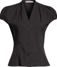 Lela Rose Cotton Poplin V-Neck Button-Up Shirt