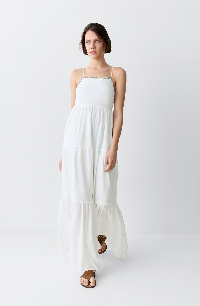 MANGO TEEN Sequin Beaded Trim Tiered Maxi Dress, Main, color, Off White