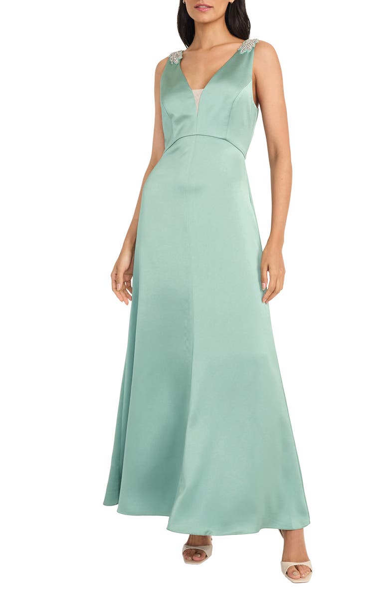 Maggy London Rhinestone Trim Satin Gown, Main, color, Jade/ Dsage