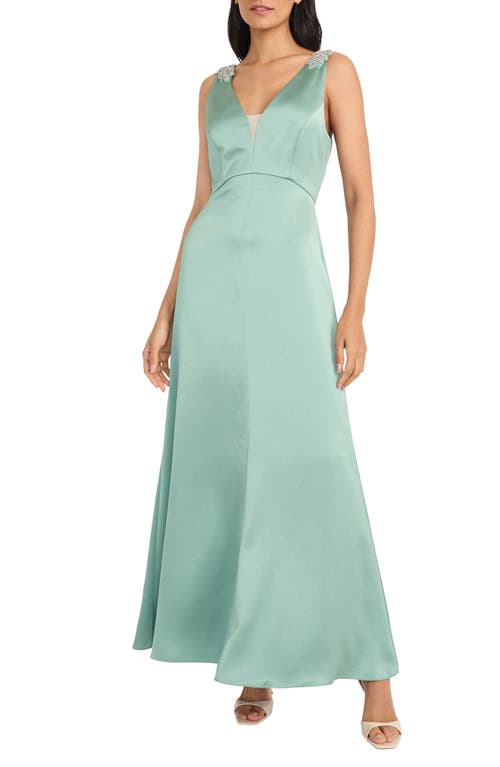 Maggy London Rhinestone Trim Satin Gown In Jade/dsage