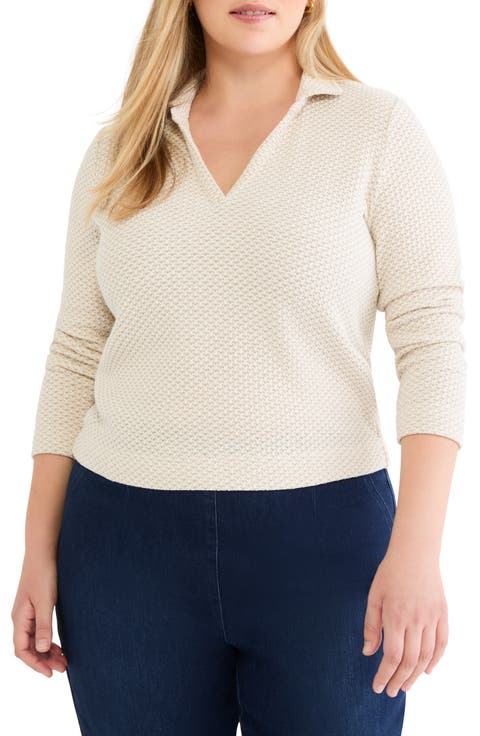 Textured Johnny Collar Long Sleeve Shirt (Plus)