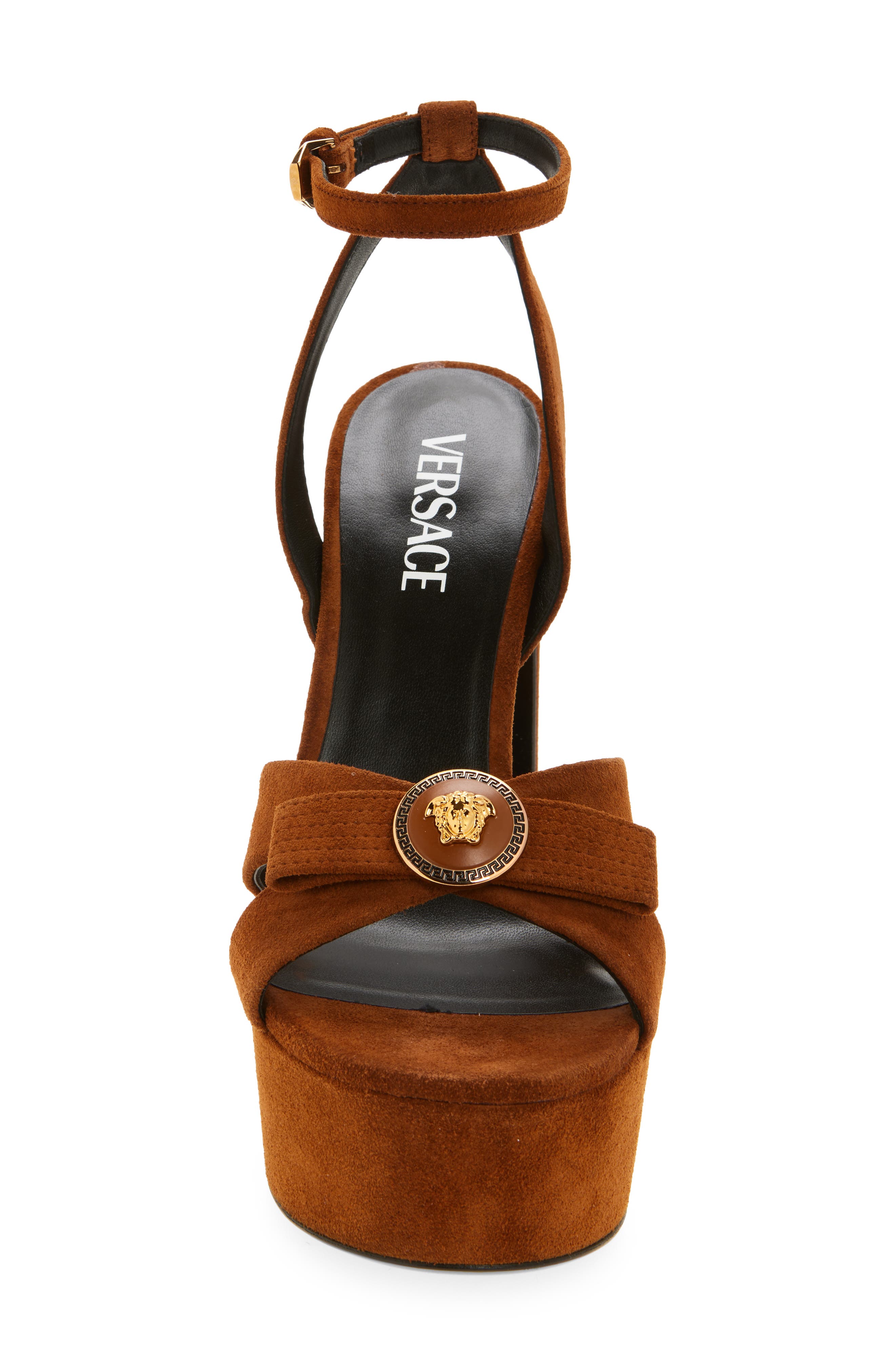 Versace Gianni Ribbon Suede Platform Sandal, Alternate, color, Spice Brown-Versace Gold