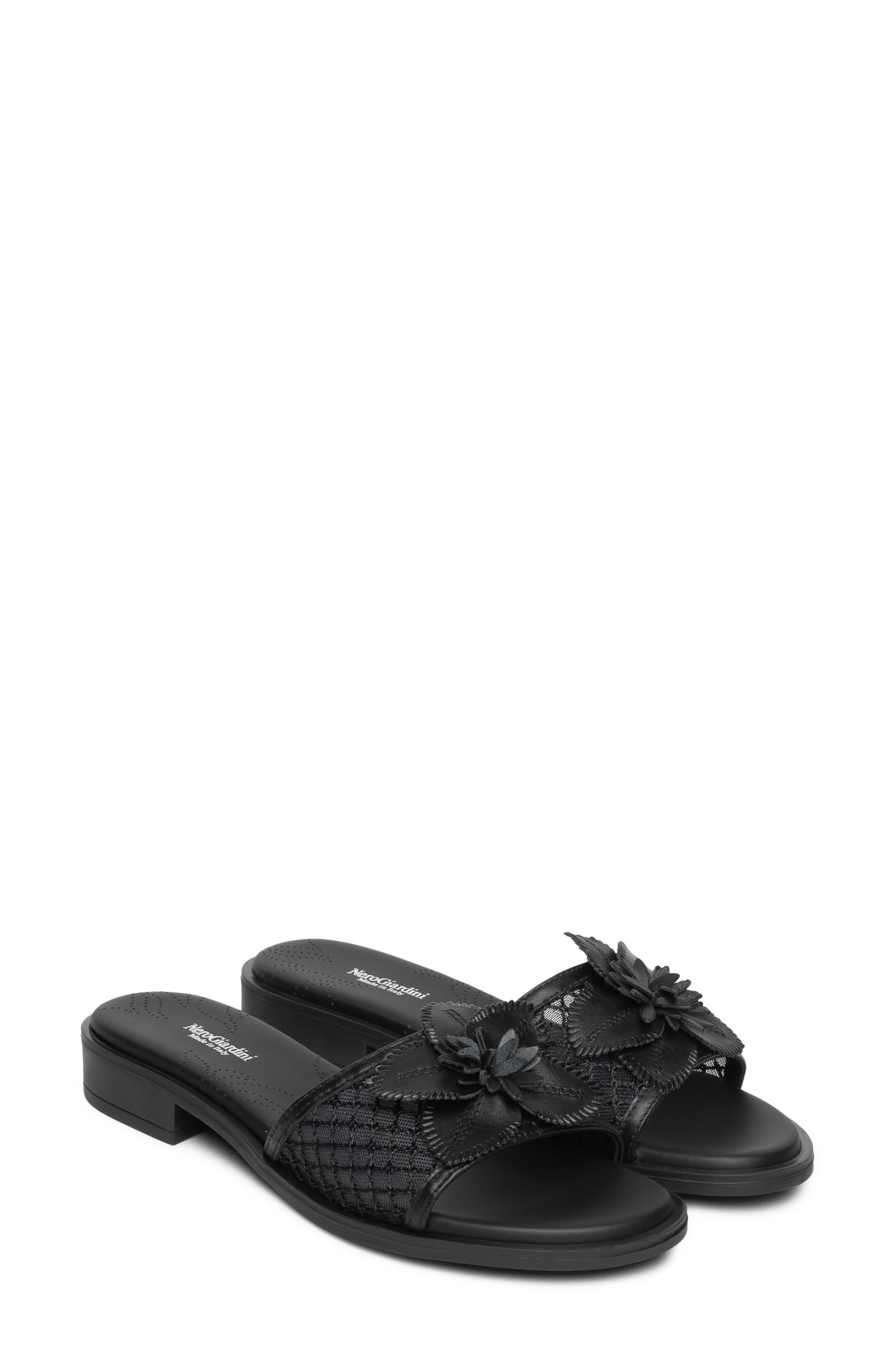 NeroGiardini Floral Slide Sandal, Main, color, Black