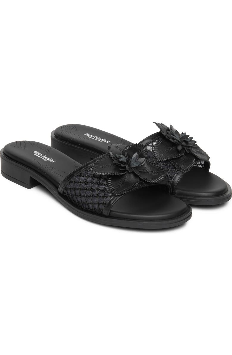NeroGiardini Floral Slide Sandal, Main, color, Black