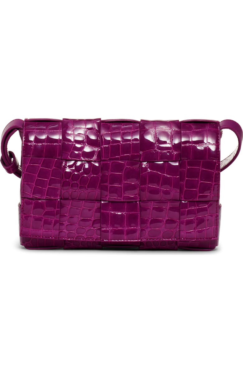 Bottega Veneta Cassette Intrecciato Croc Embossed Patent Leather Crossbody Bag, Main, color, Venom-M Brass