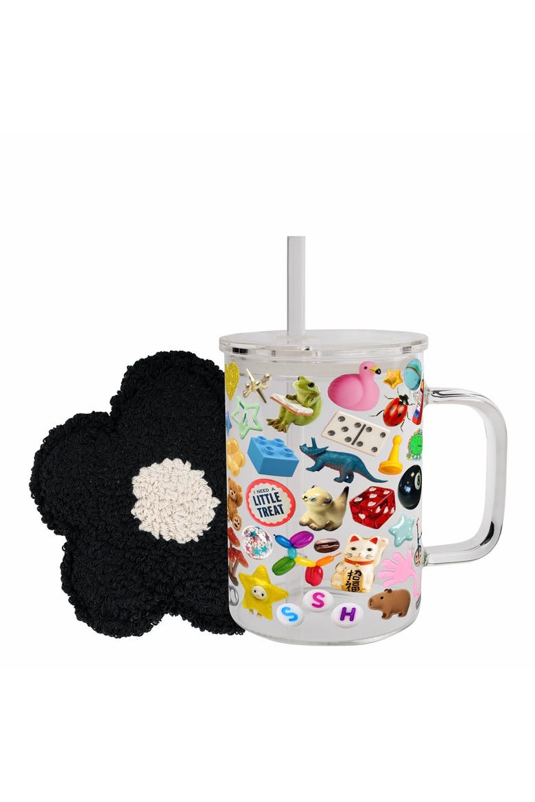 Trinket Core Glass Mug & Daisy Mug Rug Bundle, Main, color, Clear, Black