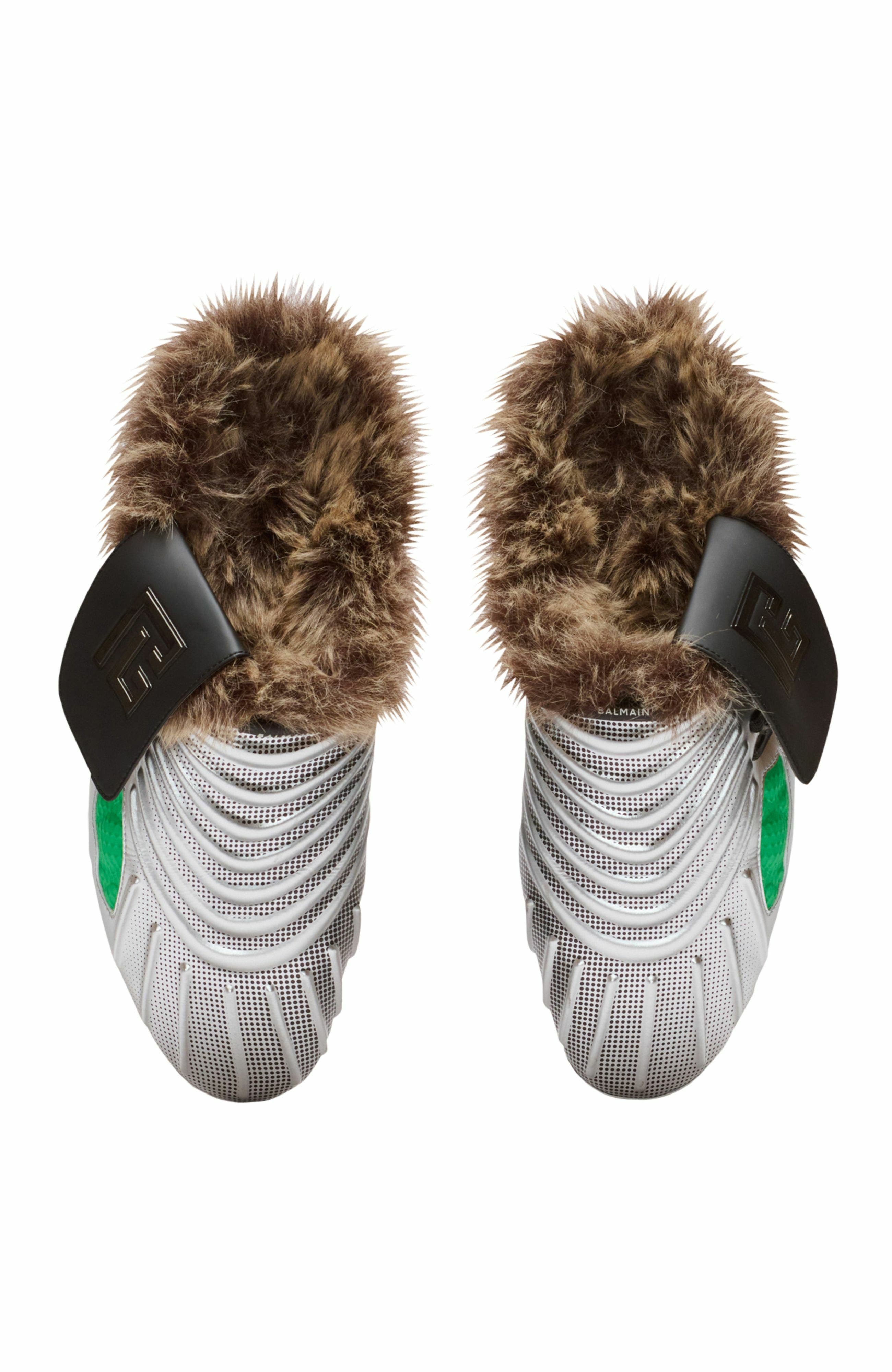 Balmain Half Time Faux Fur-Lined Mules With Technical Fabrics, Alternate, color, Green