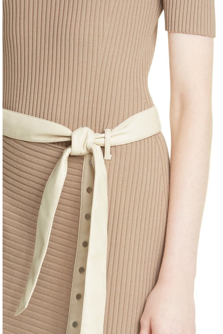 Jonathan Simkhai Hardin Compact Ribbed Belted Short Sleeve Dress, Alternate, color, TAN/ PAPYRUS