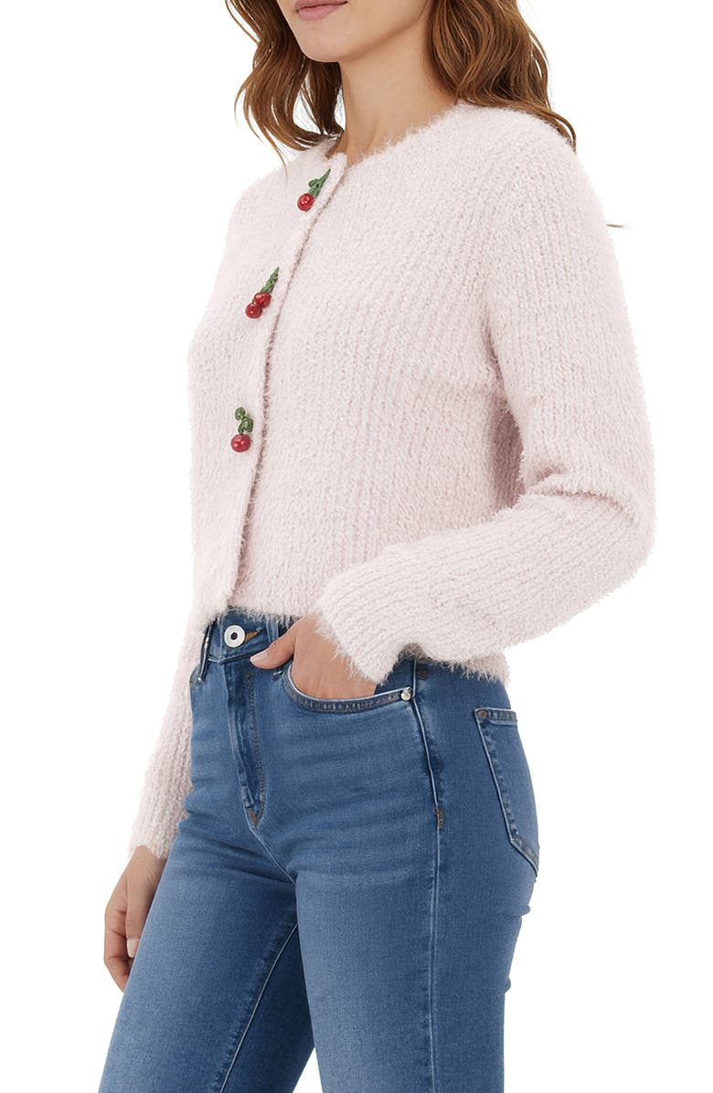 All in Favor Cherry Appliqué Fuzzy Crop Cardigan, Alternate, color, Pink