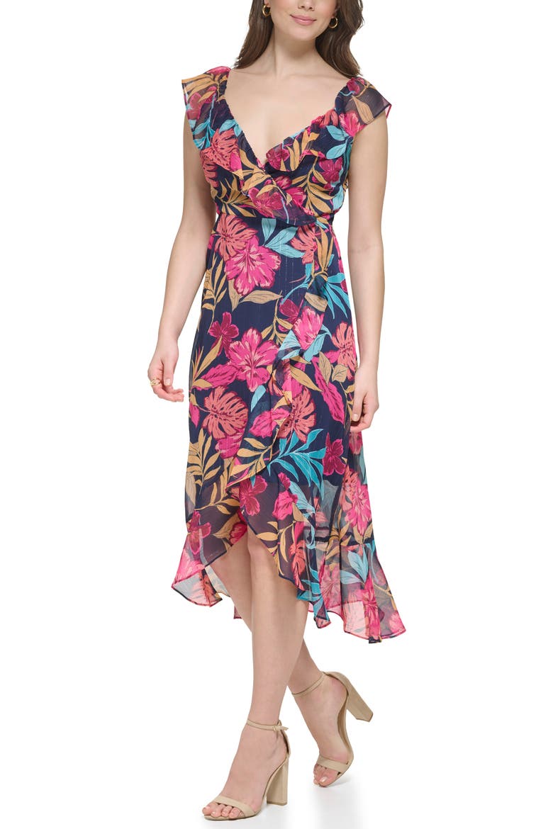 Tropical Floral Chiffon Faux Wrap Dress, Alternate, color, NAVY MULTI