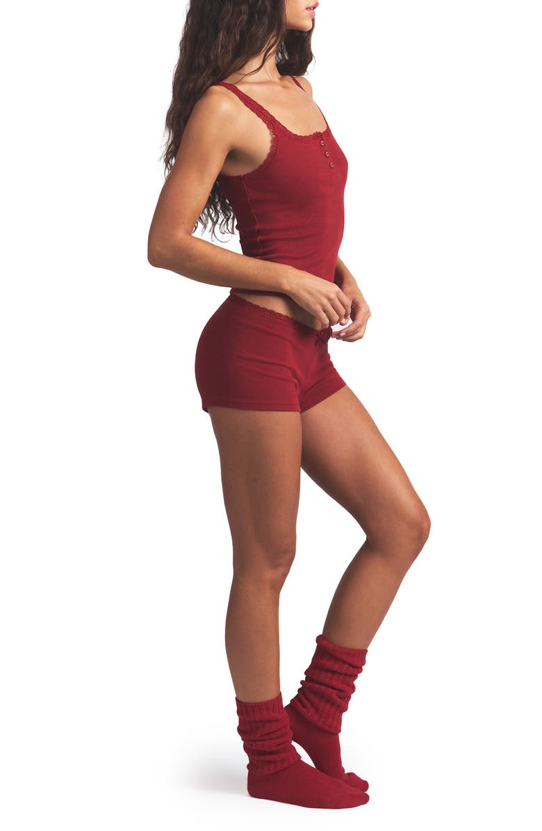 SKIMS Stretch Cotton Rib & Lace Pajamas, Alternate, color, Brick