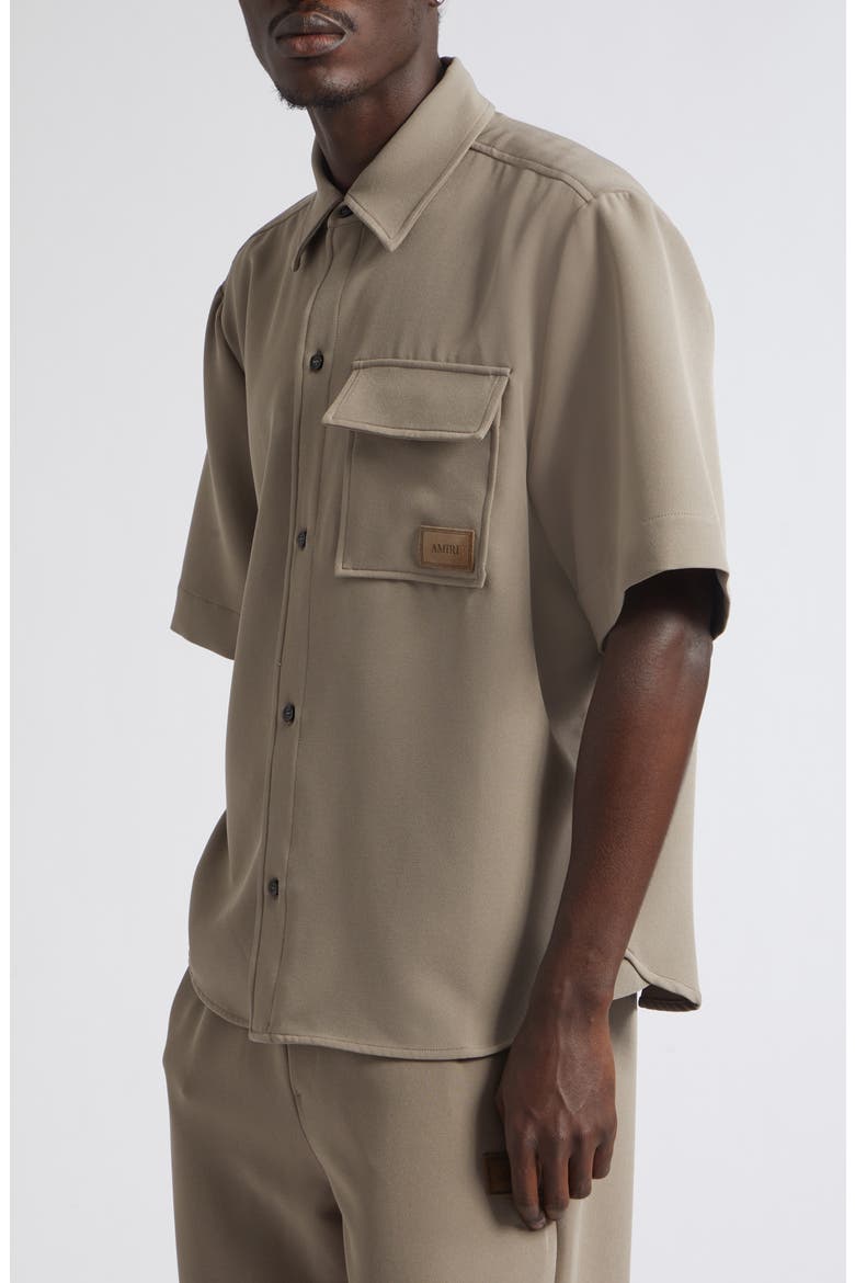 Logo Patch Short Sleeve Stretch Cady Button-Up Shirt, Alternate, color, DARK SAND