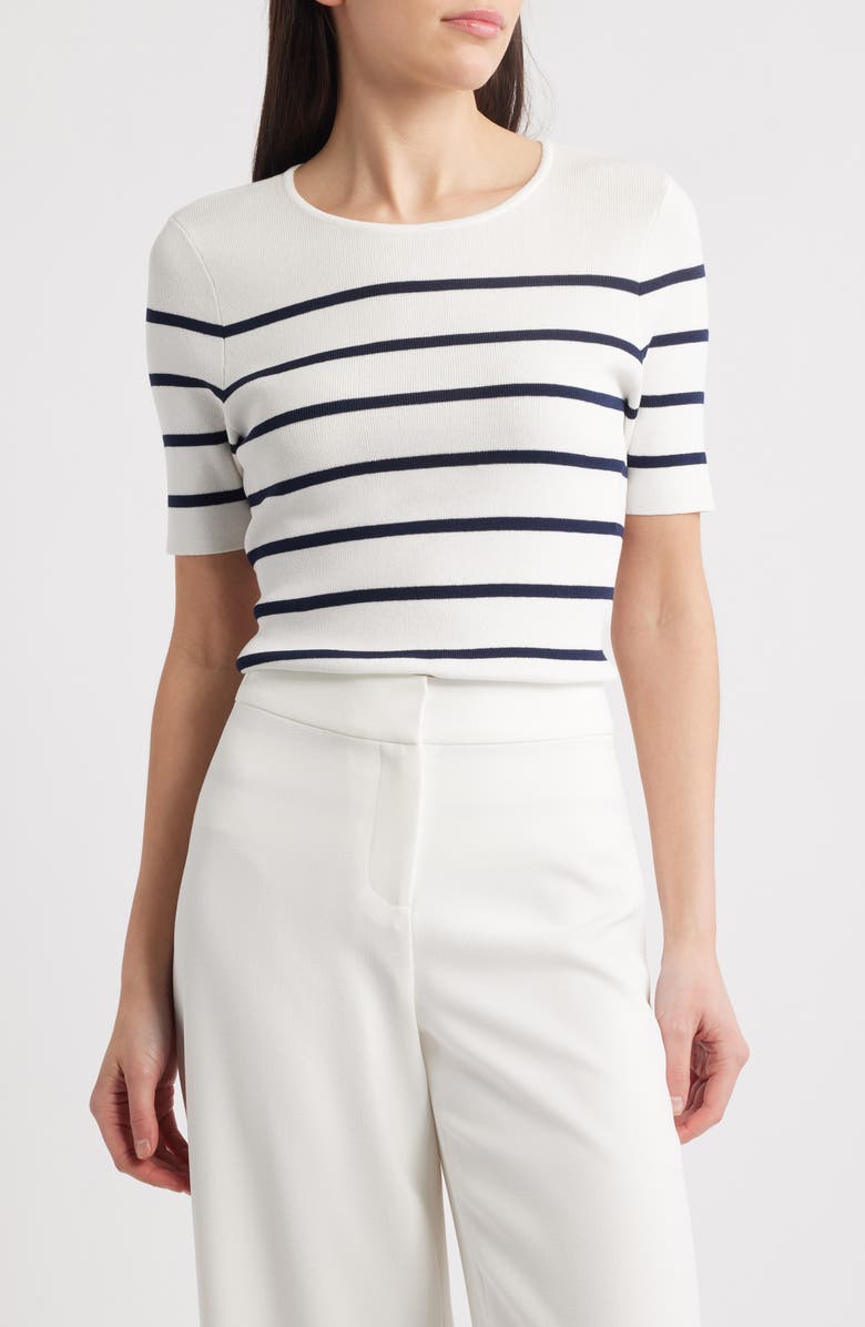 Tahari ASL Stripe Short Sleeve Sweater, Main, color, 