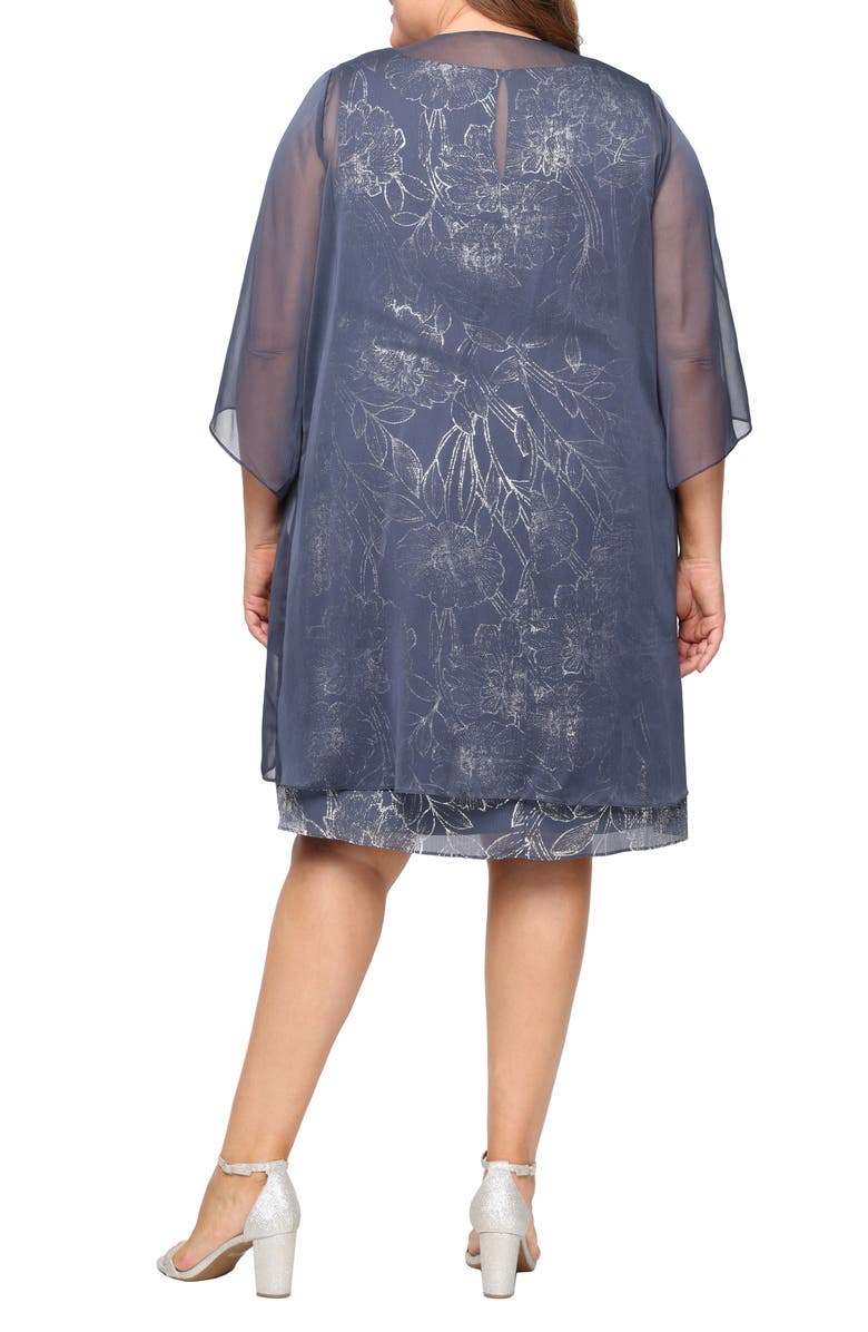 SL FASHIONS Metallic Floral Cocktail Shift Dress with Cascade Jacket, Alternate, color, Steel
