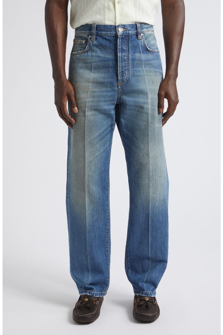 Distressed Straight Leg Jeans, Main, color, MEDIUM BLUE