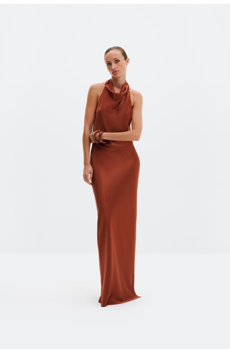 Malina Tessie Open Back Halterneck Maxi Dress, Main, color, Rust